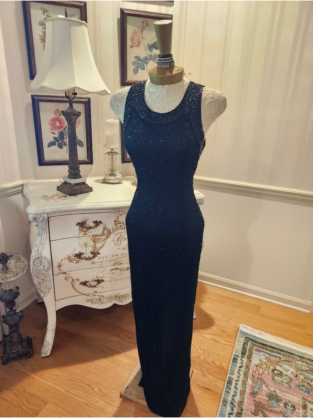 Midnight Black Y2K 100% Silk Fully Beaded Lawrence Kazer Dress S